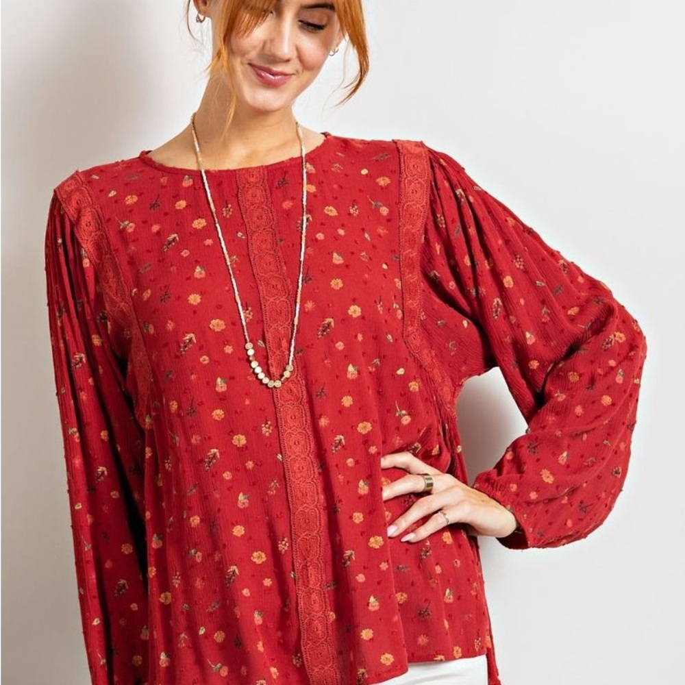 Red Floral Peasant Blouse - Women's Top